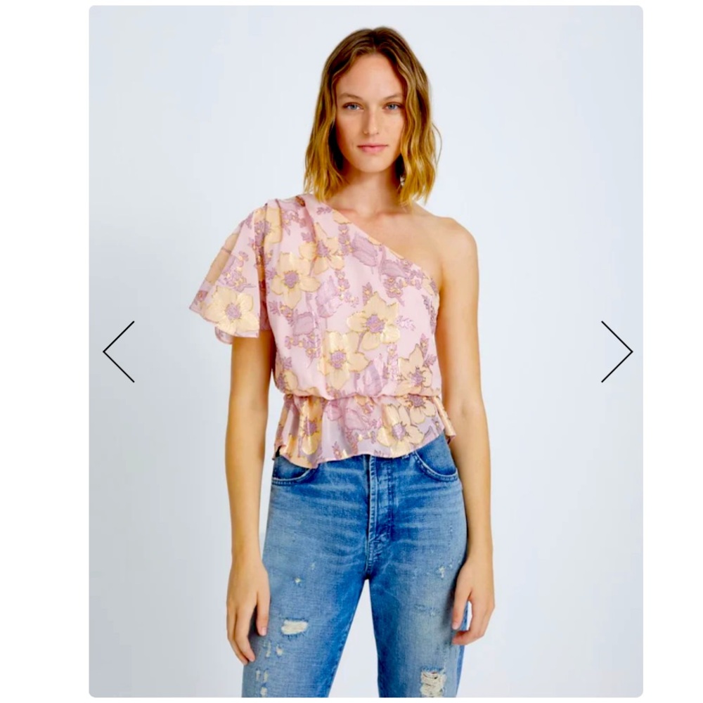 NWT 7 For All Mankind- ONE SHOULDER SILK RUFFLE BLOUSE IN BLUSH